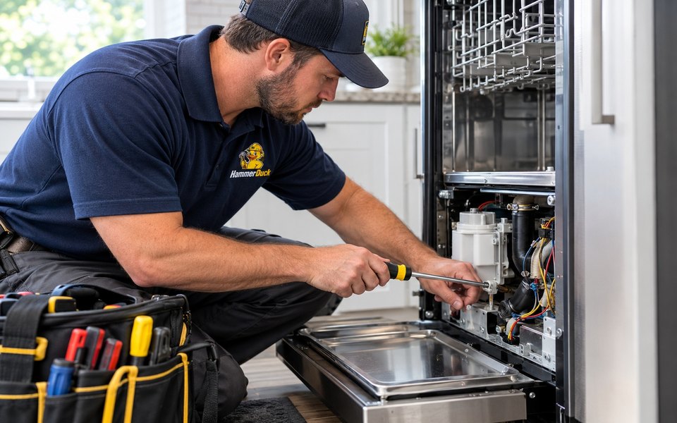 An appliance repair technician servicing an open dishwasher in a kitchen.