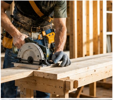 A carpenter using a circular saw to cut lumber on a workbench at a framing job site.