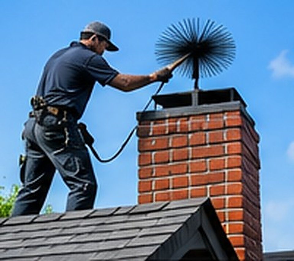 A chimney sweep cleaning a brick chimney from a rooftop.