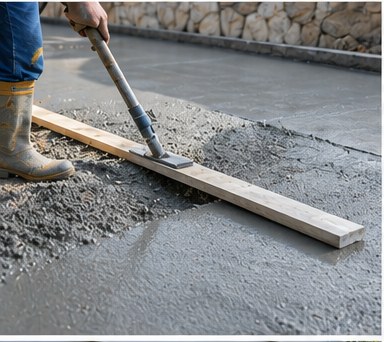 A concrete contractor screeding a freshly poured driveway slab.