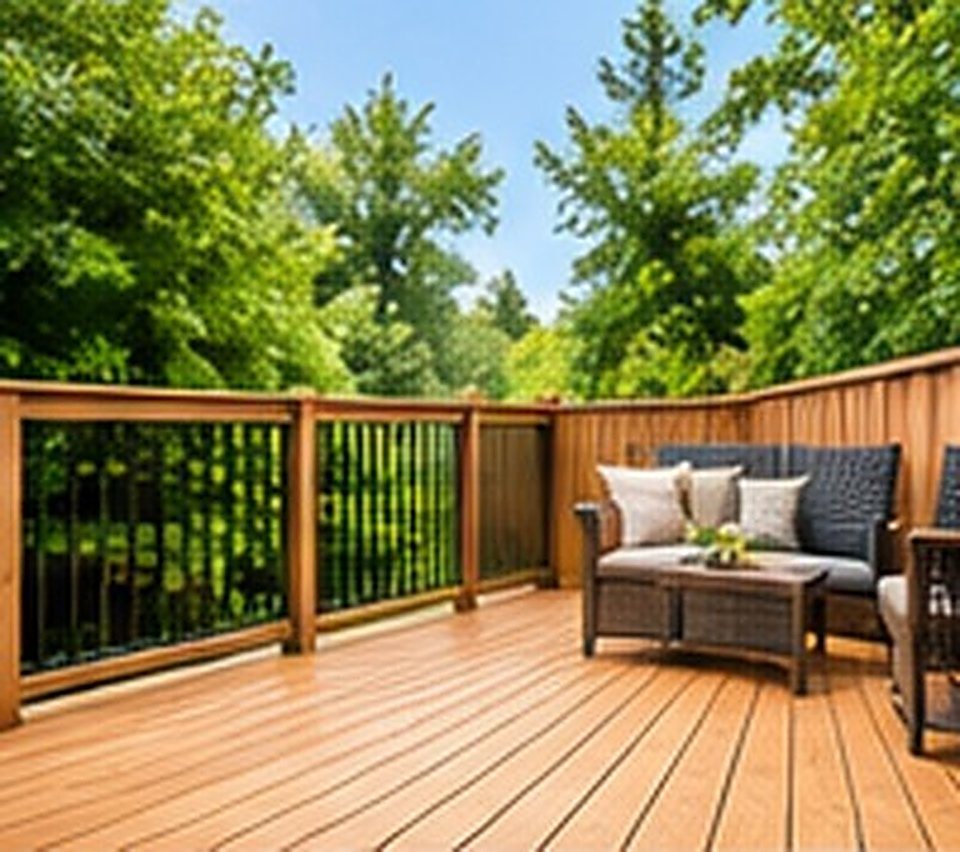 A finished wood deck with outdoor furniture in a backyard.