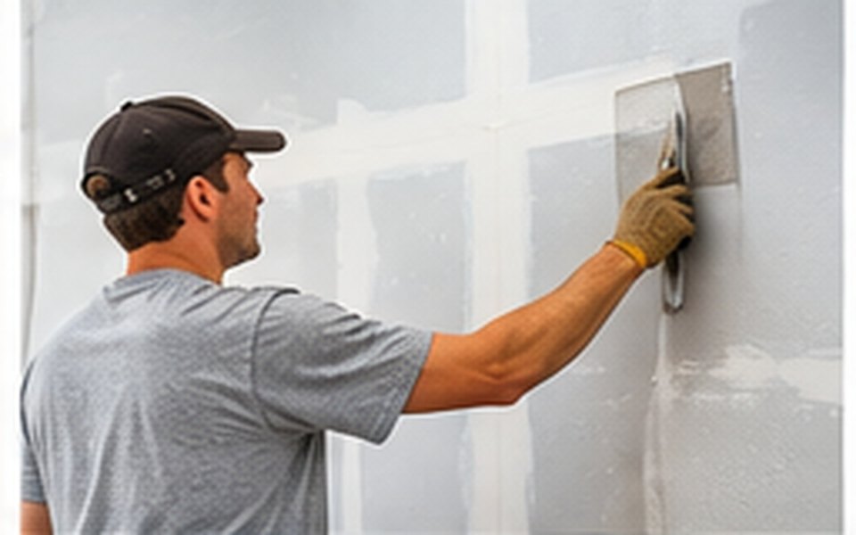 A drywall contractor smoothing joint compound over a seam on an interior wall.
