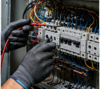 An electrician wearing safety gloves working inside a home electrical breaker panel.