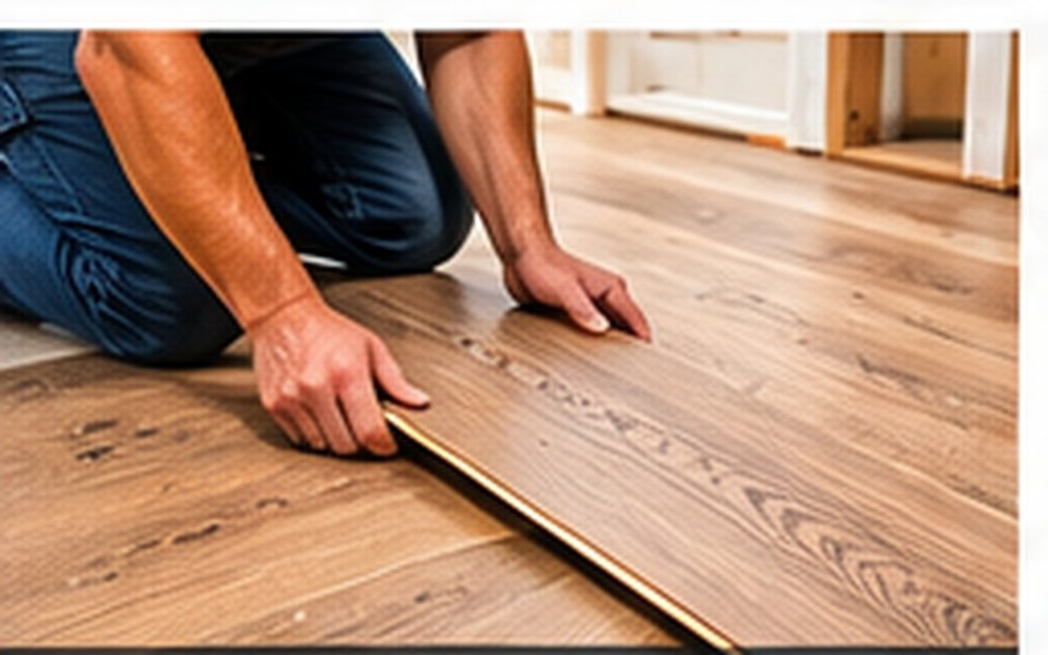 A flooring installer laying new hardwood planks.
