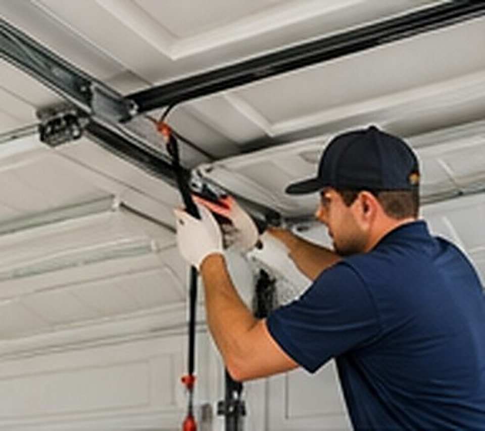A garage door technician servicing the track and opener mechanism of a residential garage door.