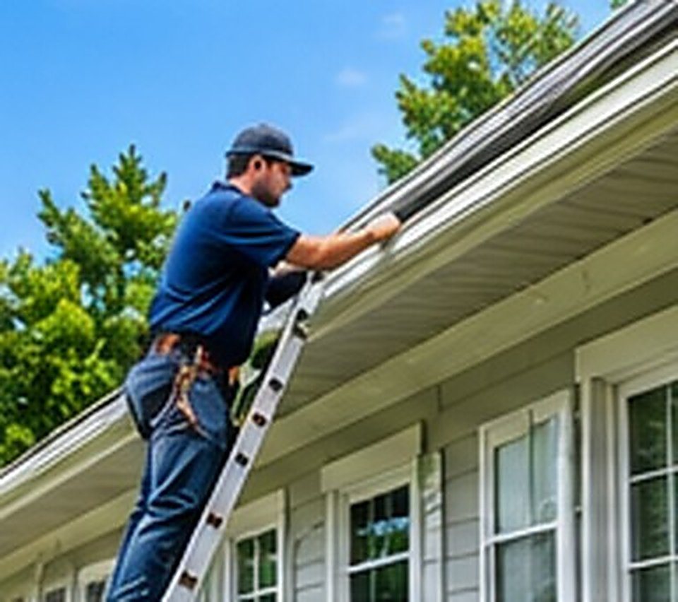 A gutter services technician working on a home's rain gutter from a ladder.