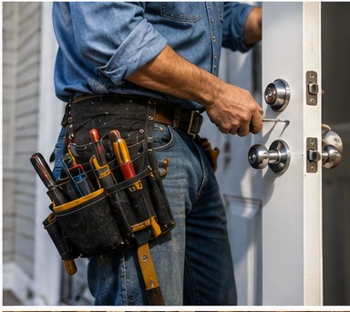 A handyman wearing a tool belt working on an interior door handle.