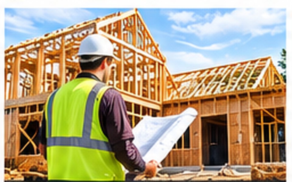 A home inspector in a hard hat reviewing plans in front of a house under construction.