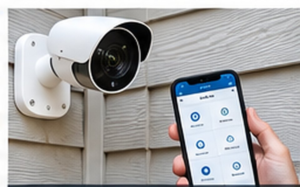 A home security camera mounted on a house, alongside a smartphone showing the security app.