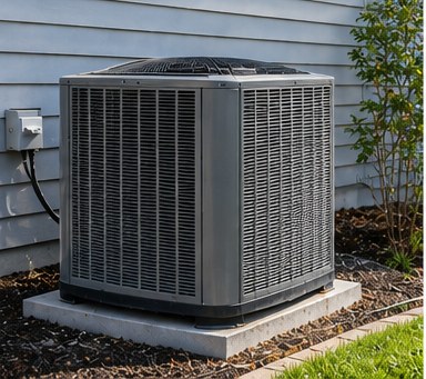 An outdoor HVAC condenser unit installed beside a home.
