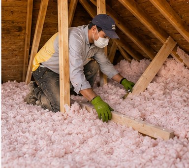 An insulation contractor installing batt insulation in a home attic, wearing a dust mask and gloves.