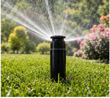 An in-ground sprinkler head watering a green lawn with flowering shrubs in the background.