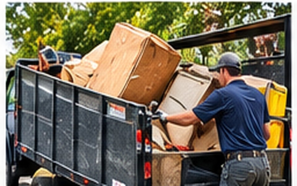 A junk removal worker loading debris and furniture into a hauling trailer.