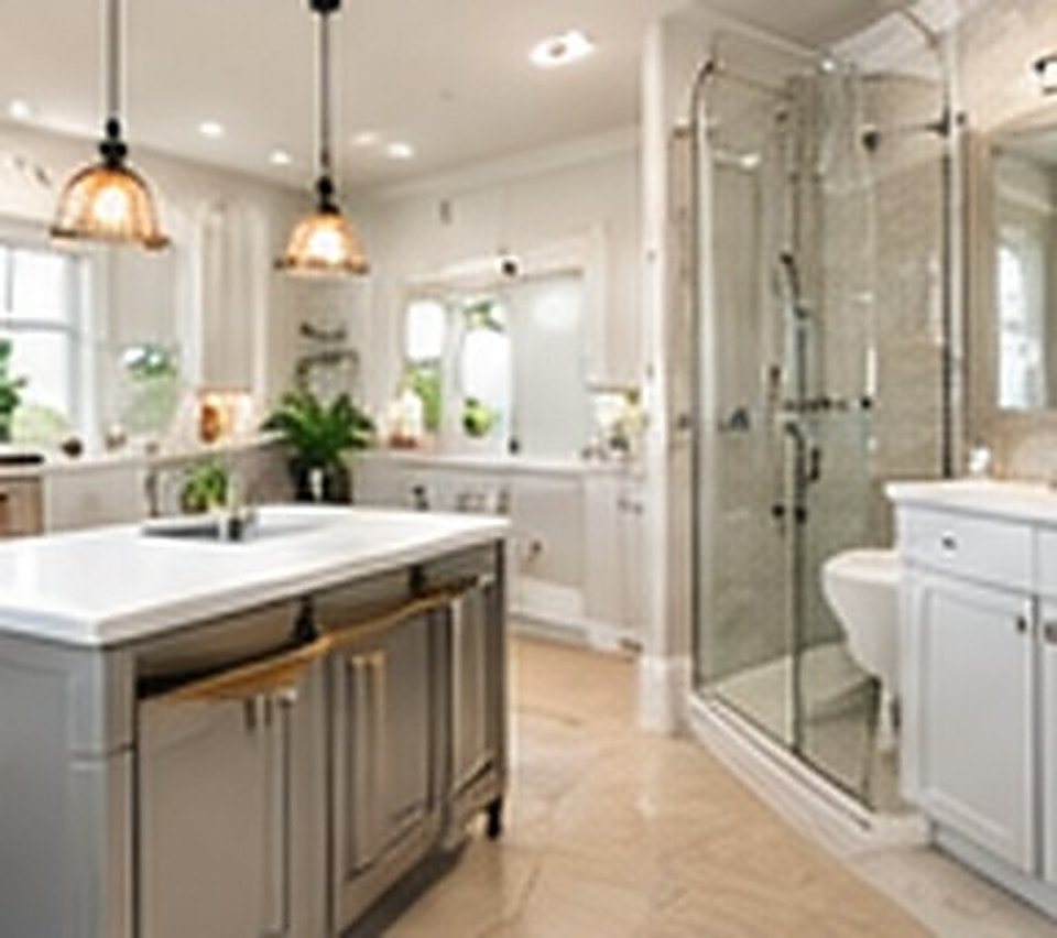 A finished kitchen and bathroom with new cabinetry and fixtures.