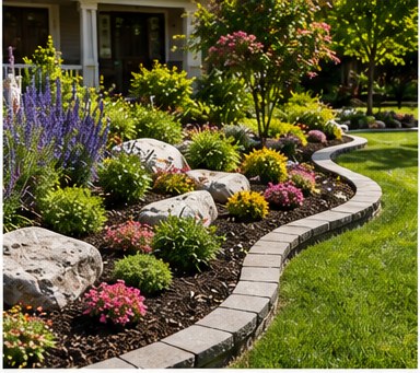 A landscaped garden bed with natural stone borders, flowering plants, and mulch alongside a home in the CSRA.