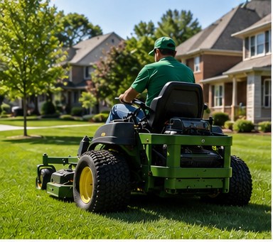 A lawn care professional on a riding mower maintaining a manicured residential lawn in the CSRA.