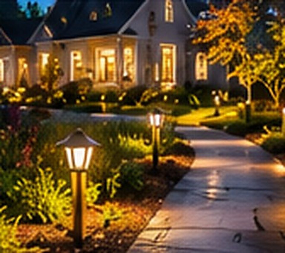 A landscaped walkway lit with outdoor landscape lighting fixtures.