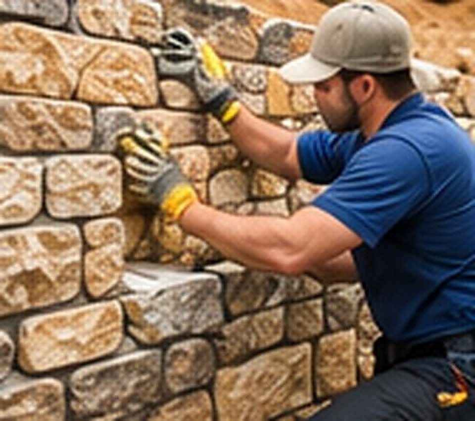 A mason building a natural stone wall.