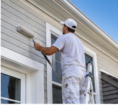 A painter on a ladder rolling exterior paint onto the trim of a home.