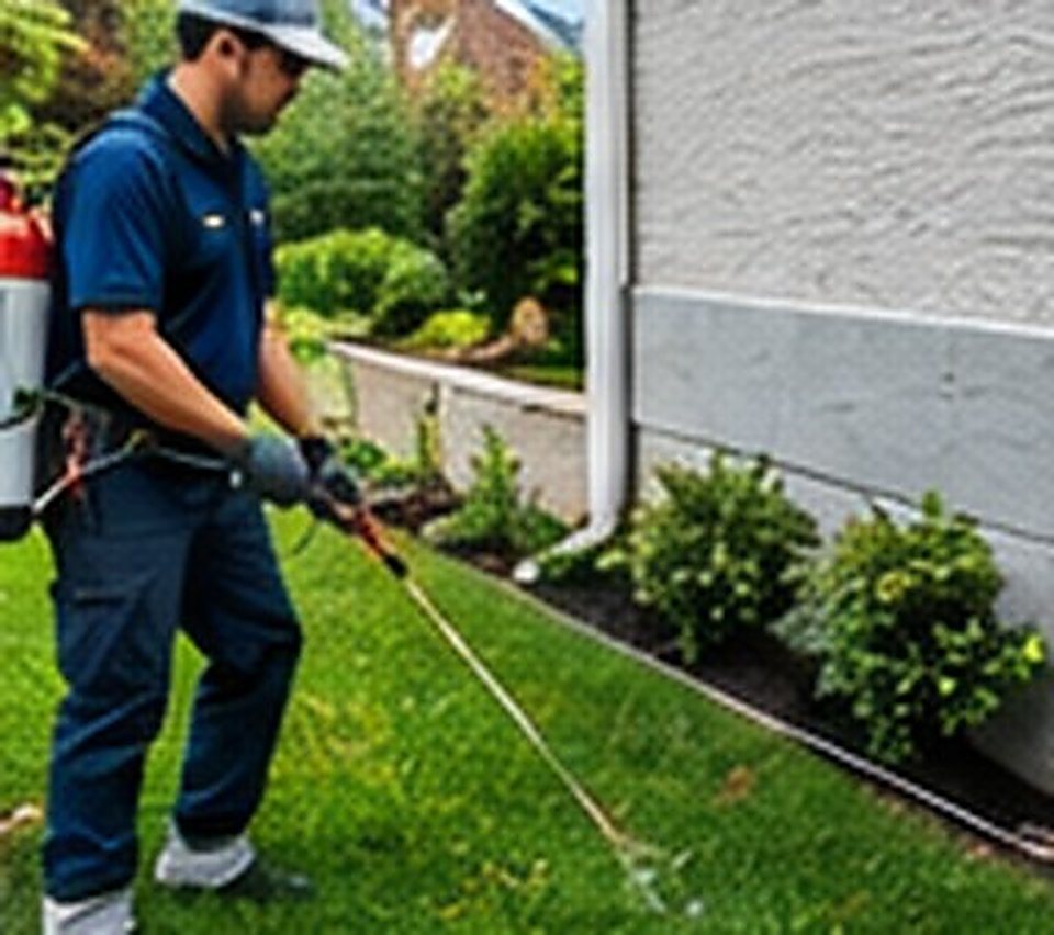 A pest control technician spraying treatment along the exterior foundation of a house.