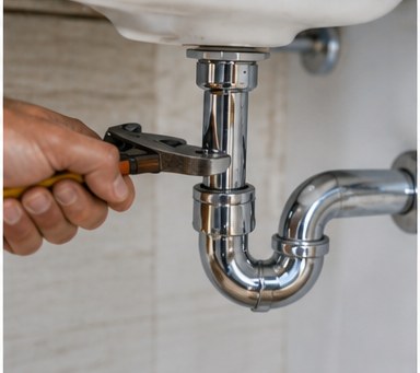 A plumber using a wrench to work on a P-trap pipe under a bathroom sink.
