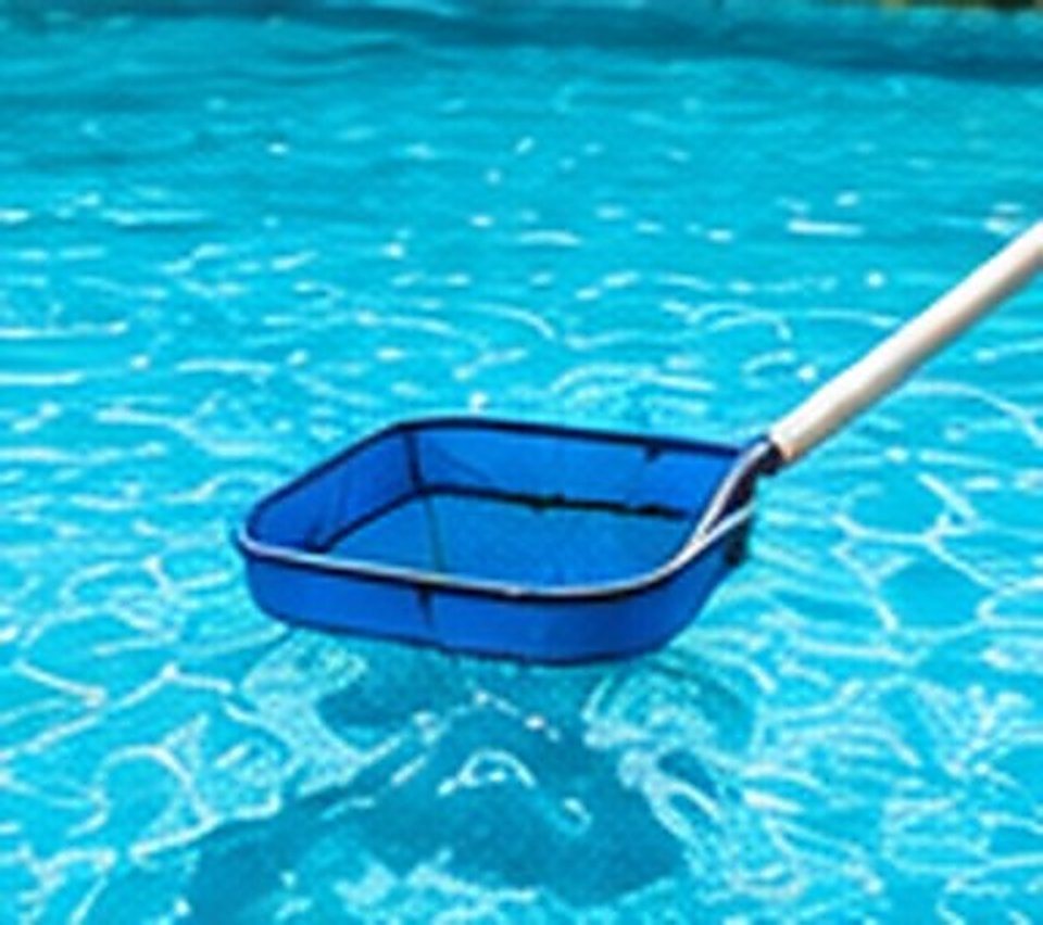 A pool technician skimming a backyard swimming pool.