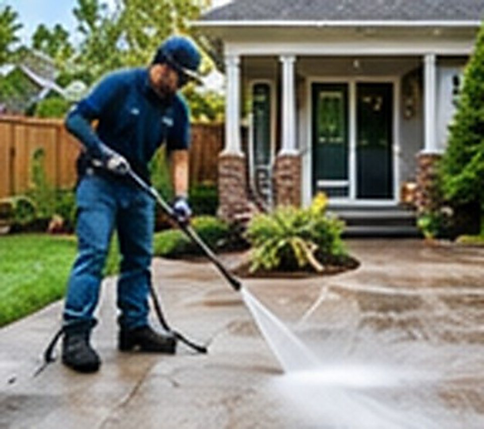 A pressure washing professional cleaning a concrete walkway.
