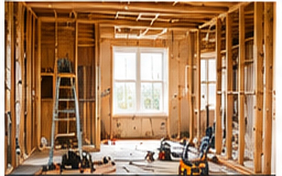 A room stripped back to the studs mid-remodel, with a step ladder and power tools on the floor.
