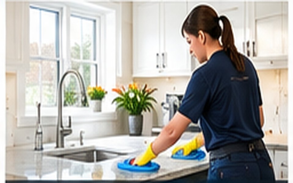 A residential cleaning professional wiping down a kitchen counter in a bright home.