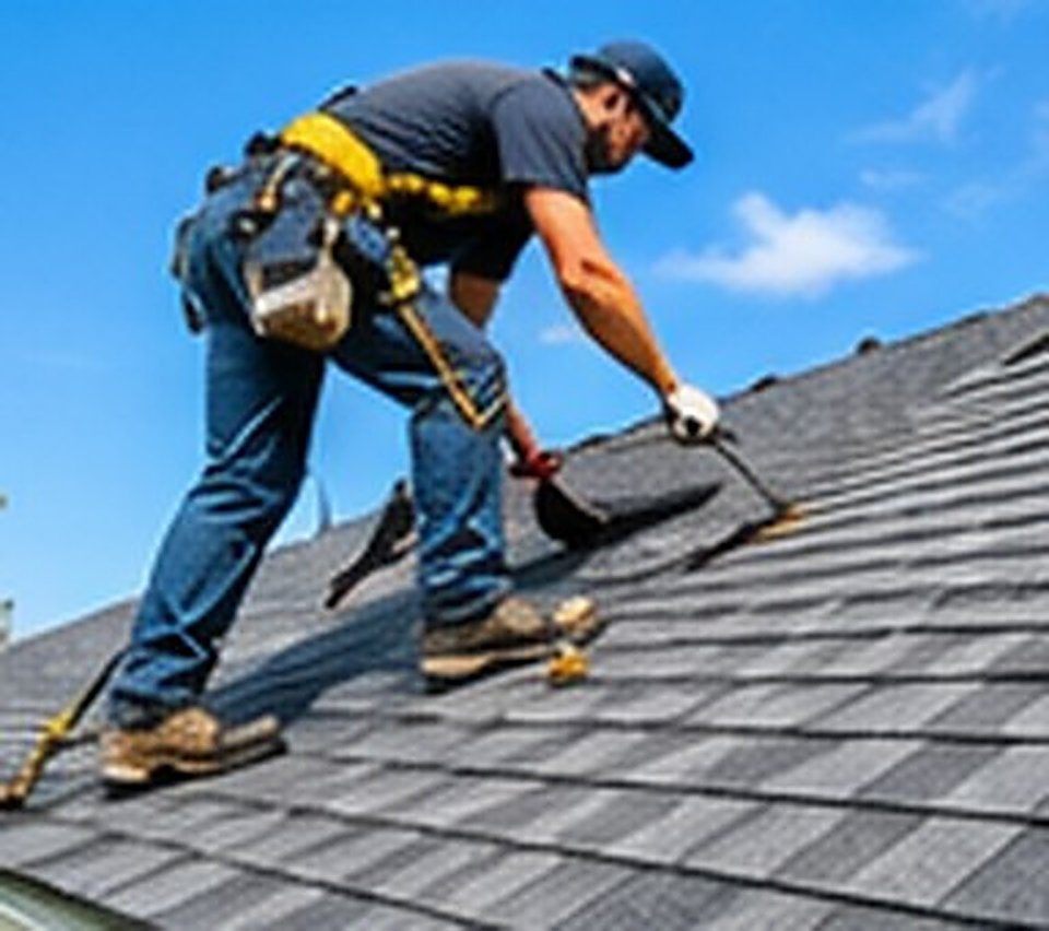 A roofing contractor working on shingles on a residential roof.