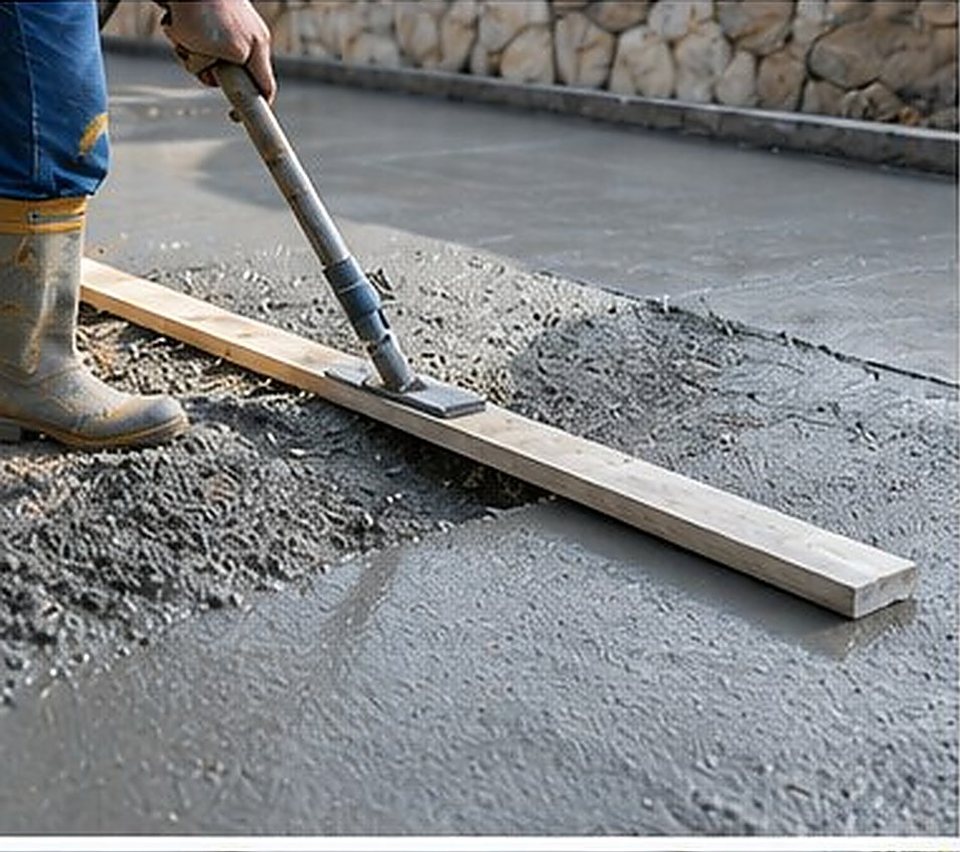 A contractor screeding a freshly poured concrete slab, the kind of level pad a carport or metal building is set on.