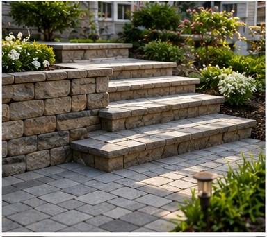 A stone mason's finished stacked-stone retaining wall and paver steps leading up to a home.