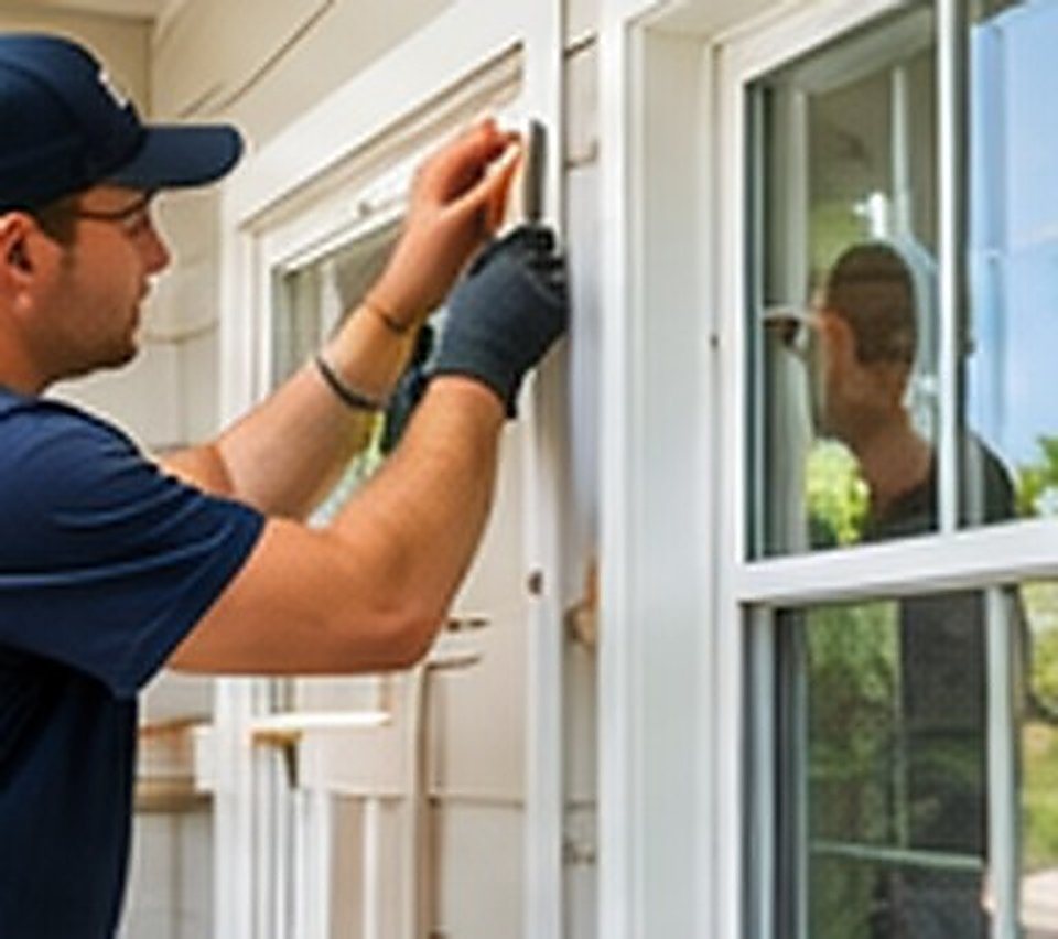 A contractor working on a window frame from outside a home.